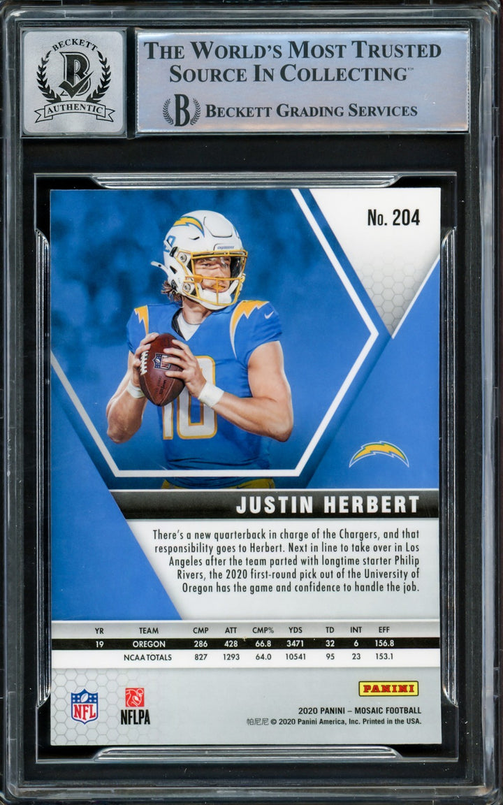 Justin Herbert Signed 2020 Panini Mosaic RC #204 Chargers Auto 10 Beckett