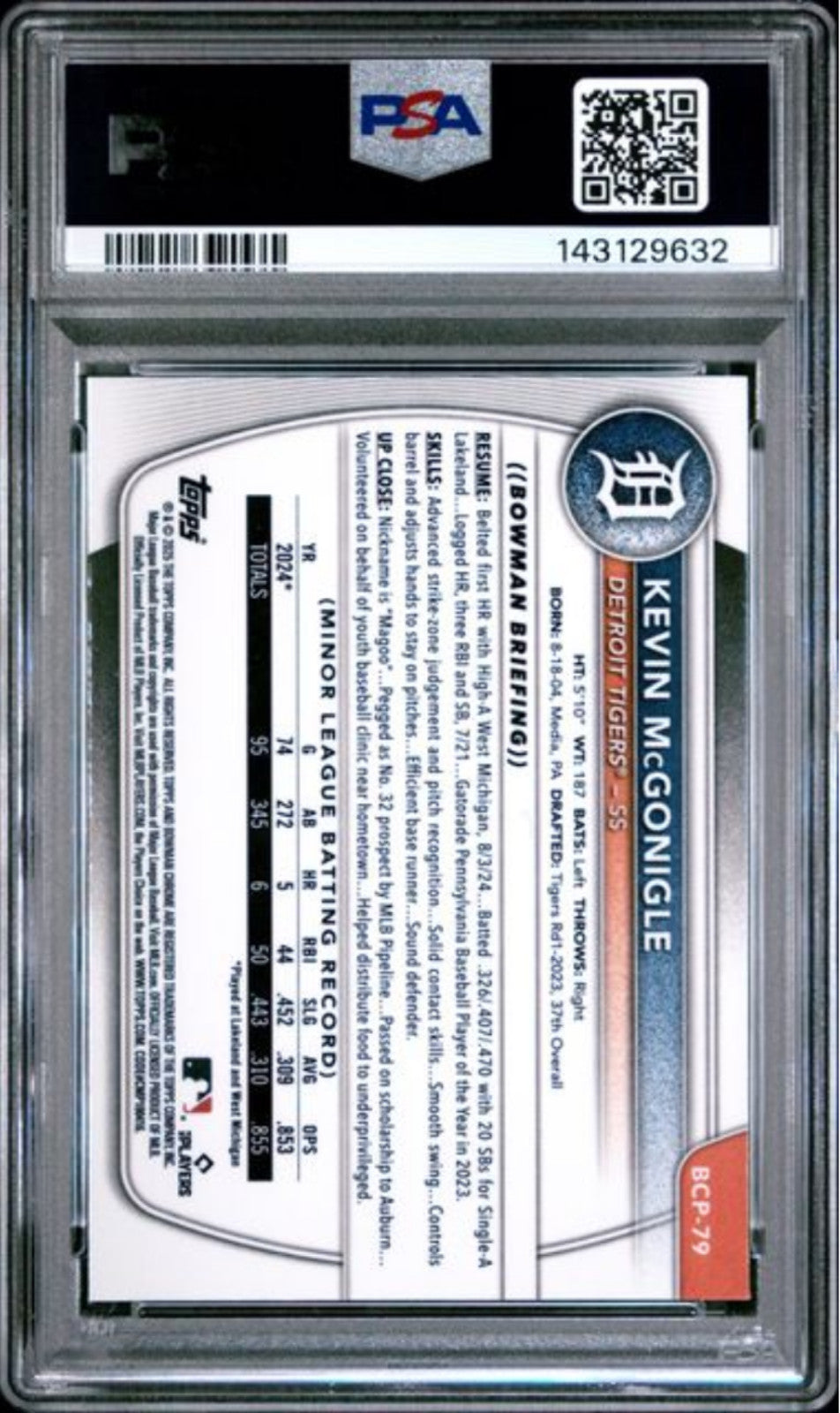 Graded 2025 Bowman Chrome Kevin McGonigle #BCP79 Prospects Rookie Card PSA 10