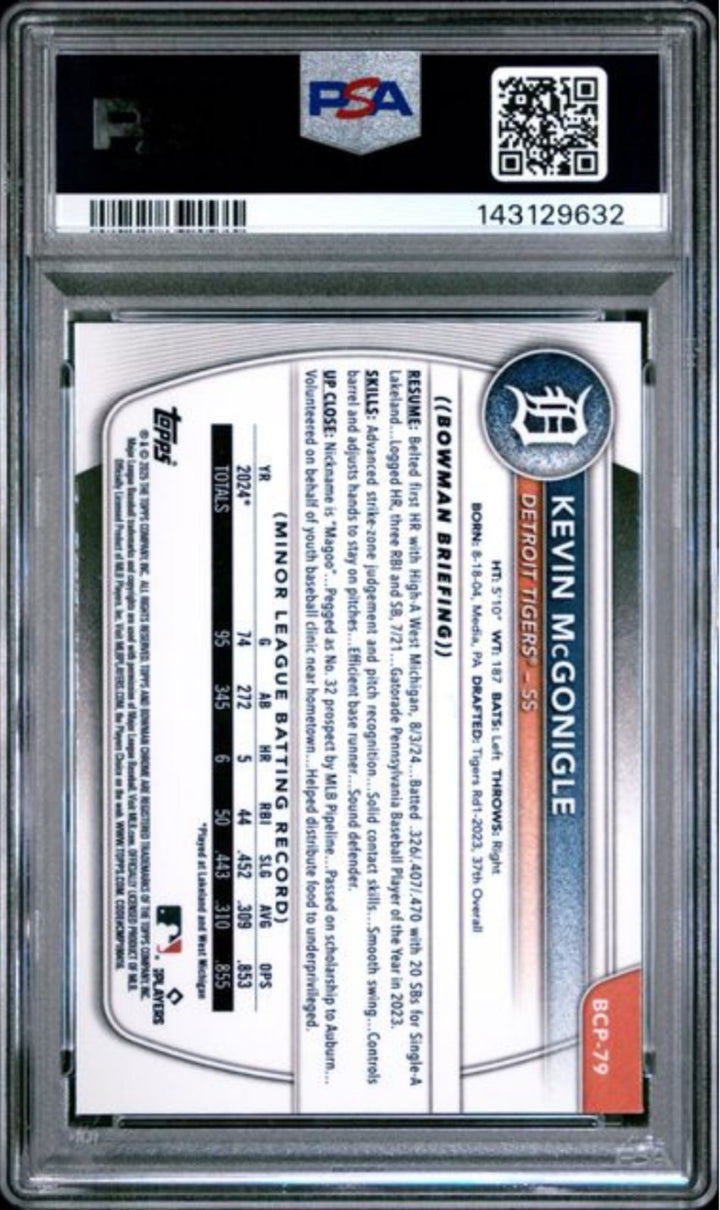 Graded 2025 Bowman Chrome Kevin McGonigle #BCP79 Prospects Rookie Card PSA 10