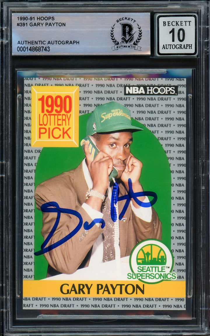 Gary Payton Signed 1990-91 Hoops RC 391 Seattle Supersonics Auto 10 Beckett