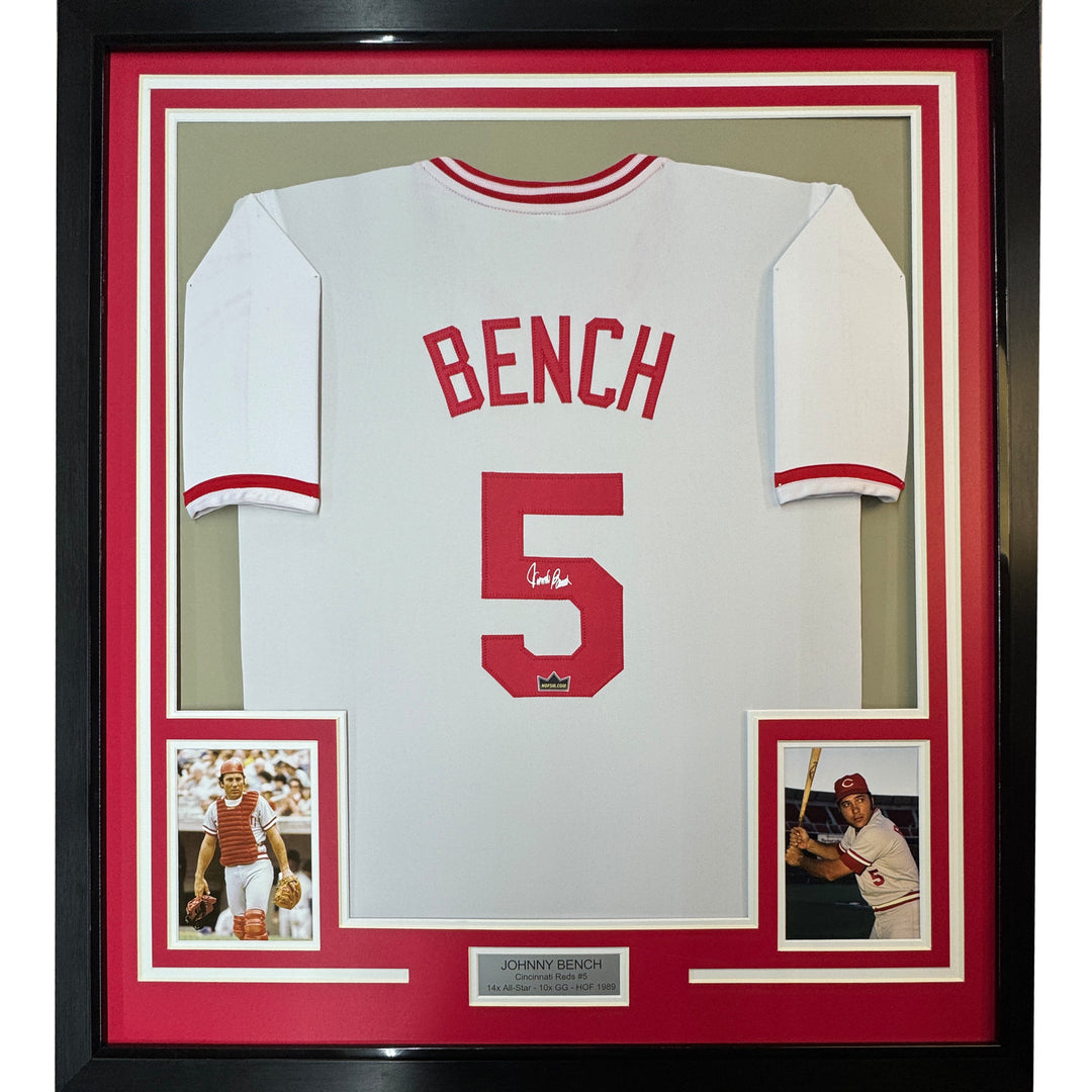 Framed Facsimile Autographed Johnny Bench 33x42 White Reprint Laser Auto Jersey