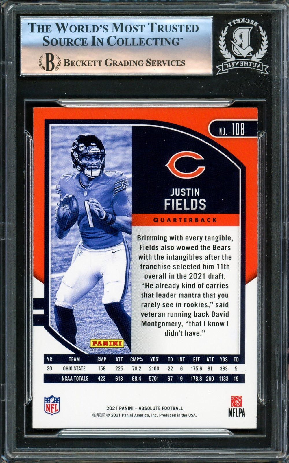 Justin Fields Signed 2021 Absolute Green Rookie Card #108 Chicago Bears Beckett
