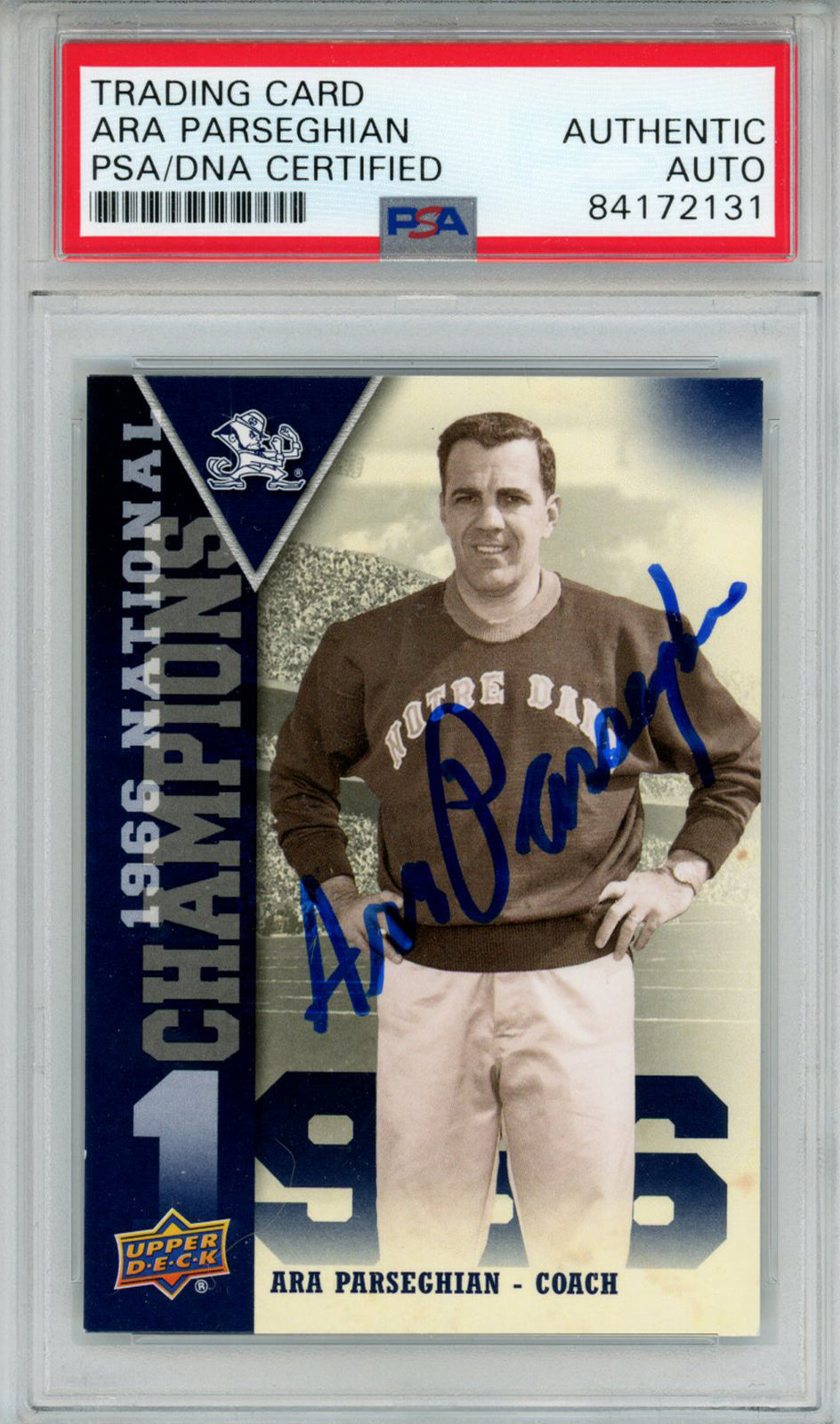Ara Parseghian Signed 2013 Upper Deck #NC-PA Trading Card PSA Slab 43723