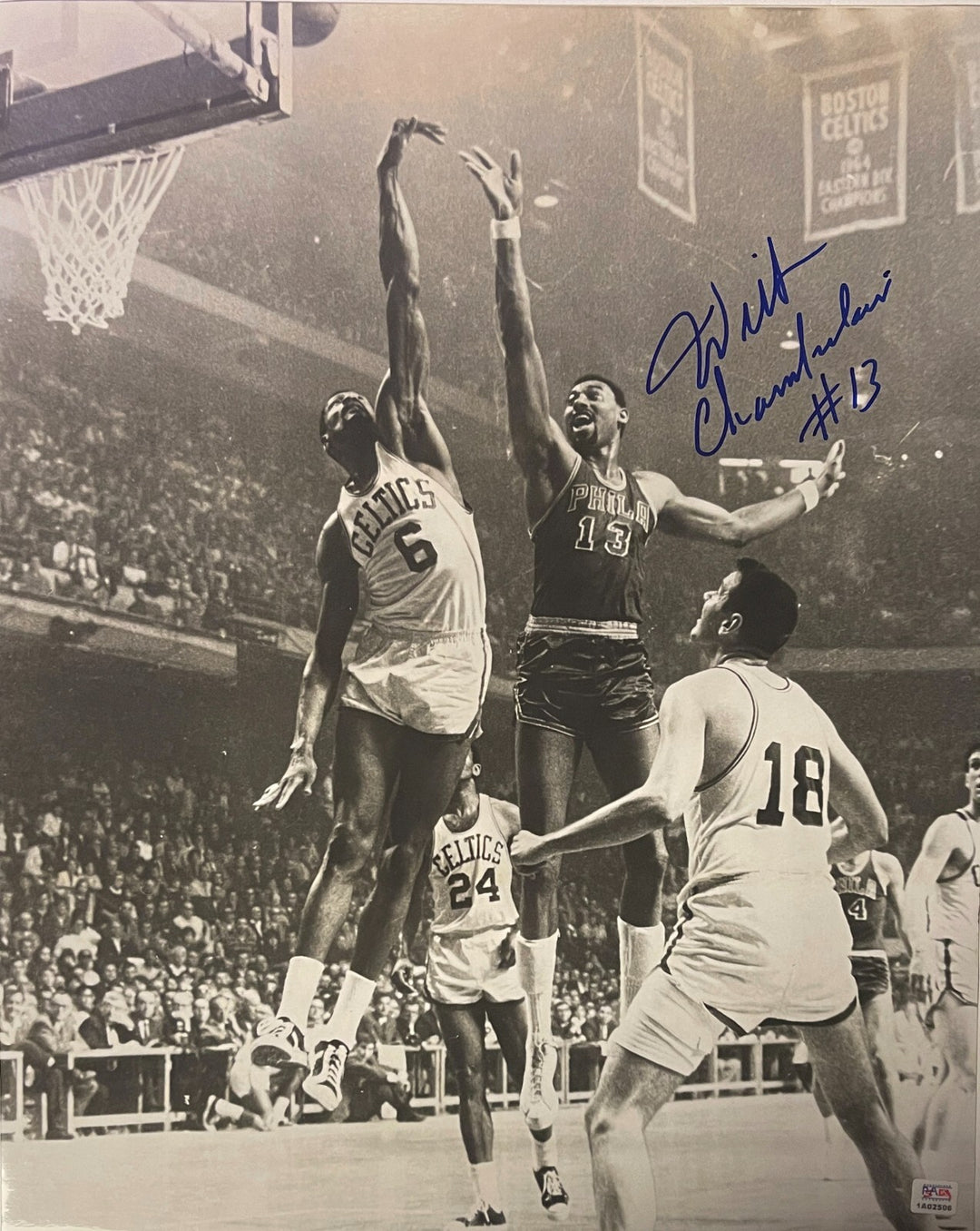 Wilt Chamberlain  Signed Philadelphia 76ers B&W  16x20 Photo #13 Vs Russell -PSA