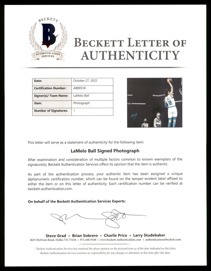 LaMelo Ball Autographed Signed 16x20 Photo Charlotte Hornets Beckett