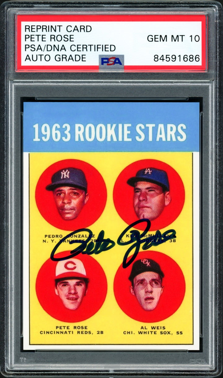 Pete Rose Signed 1963 Topps RC Retro RP Card #537 Reds Sig GM 10 PSA/DNA