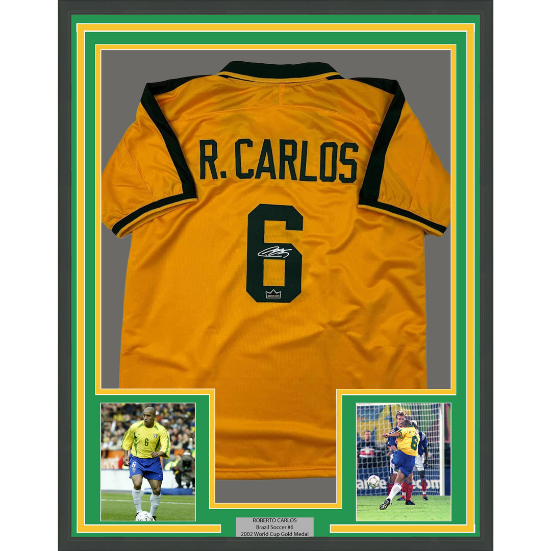 Framed Facsimile Autographed Roberto Carlos 35x39 Brazil Yellow Reprint Jersey
