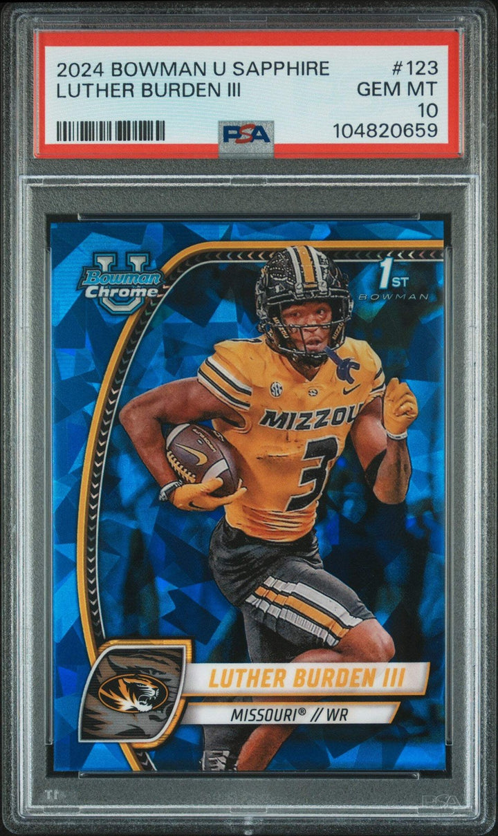 Graded 2024 Bowman U Sapphire Luther Burden III #123 RC Football Card PSA 10