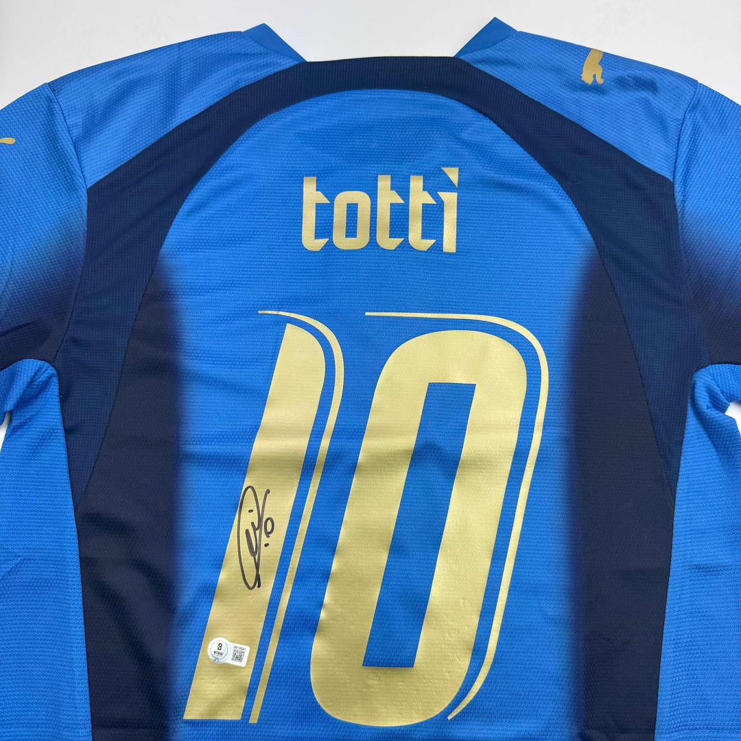 Autographed/Signed Francesco Totti Italy Blue Futbol Jersey Beckett BAS COA
