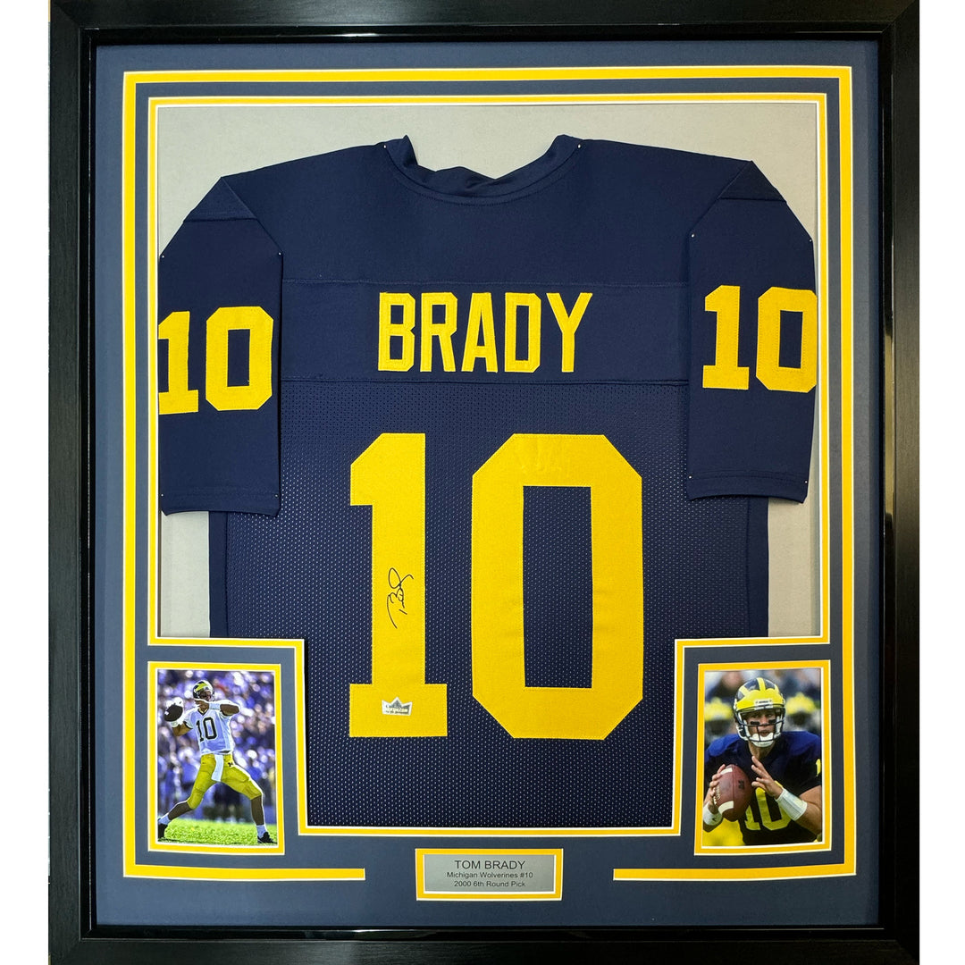 Framed Facsimile Autographed Tom Brady 33x42 Michigan Blue Reprint Laser Jersey