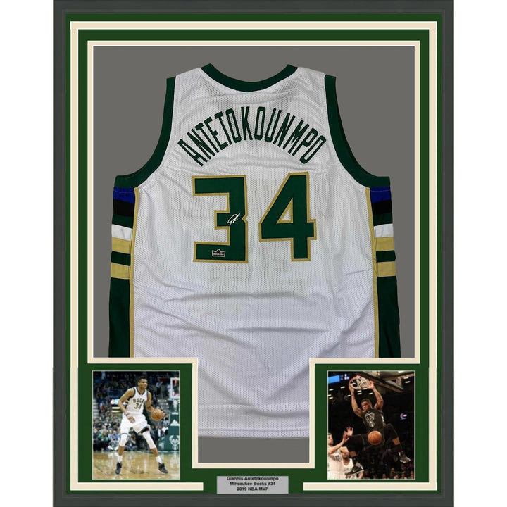 Framed Facsimile Autographed Giannis Antetokounmpo 33x42 Reprint Laser Jersey