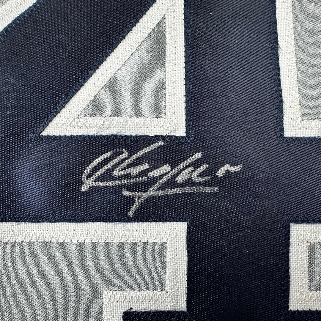 Framed Autographed/Signed Aroldis Chapman 33x42 New York Grey Jersey COA
