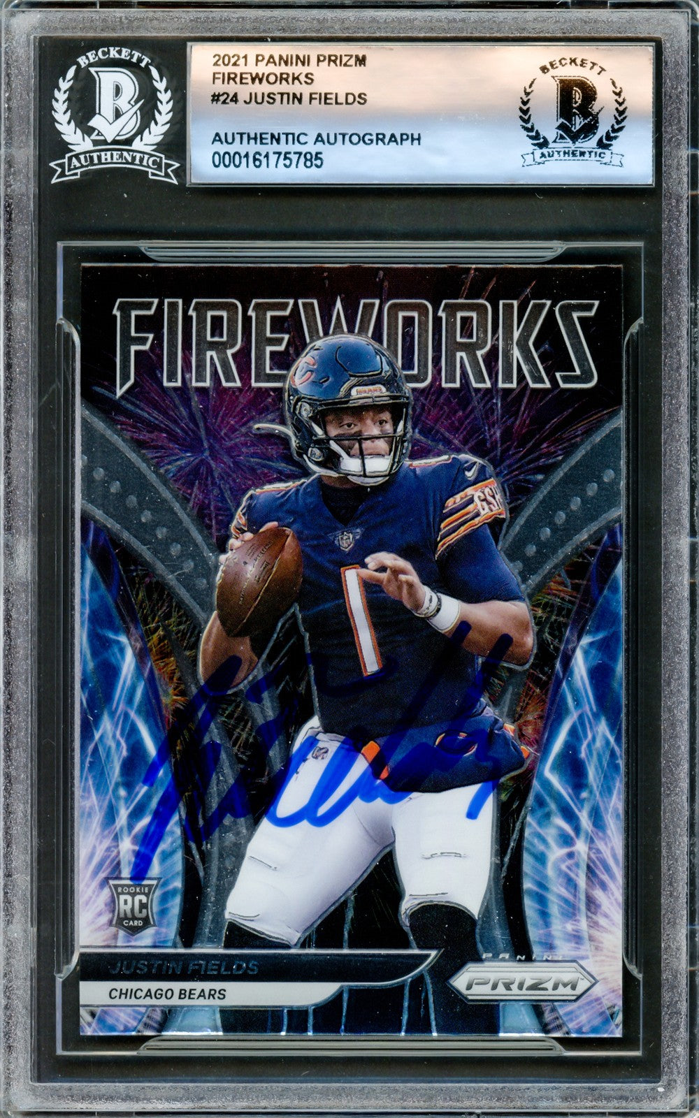 Justin Fields Signed 2021 Prizm Fireworks RC #F-24 Chicago Bears Beckett
