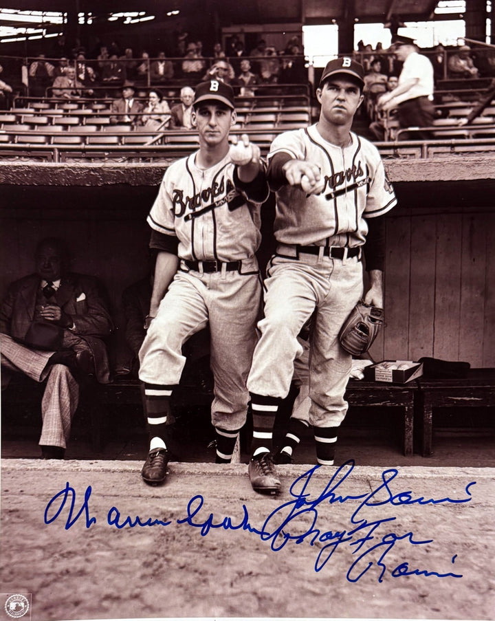 Warren Spahn & Johnny Sain signed Braves MLB 8x10 Photo Pray For Rain dings- COA