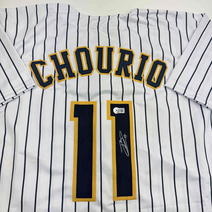 Autographed/Signed Jackson Chourio Milwaukee Pinstripe Jersey Beckett BAS COA