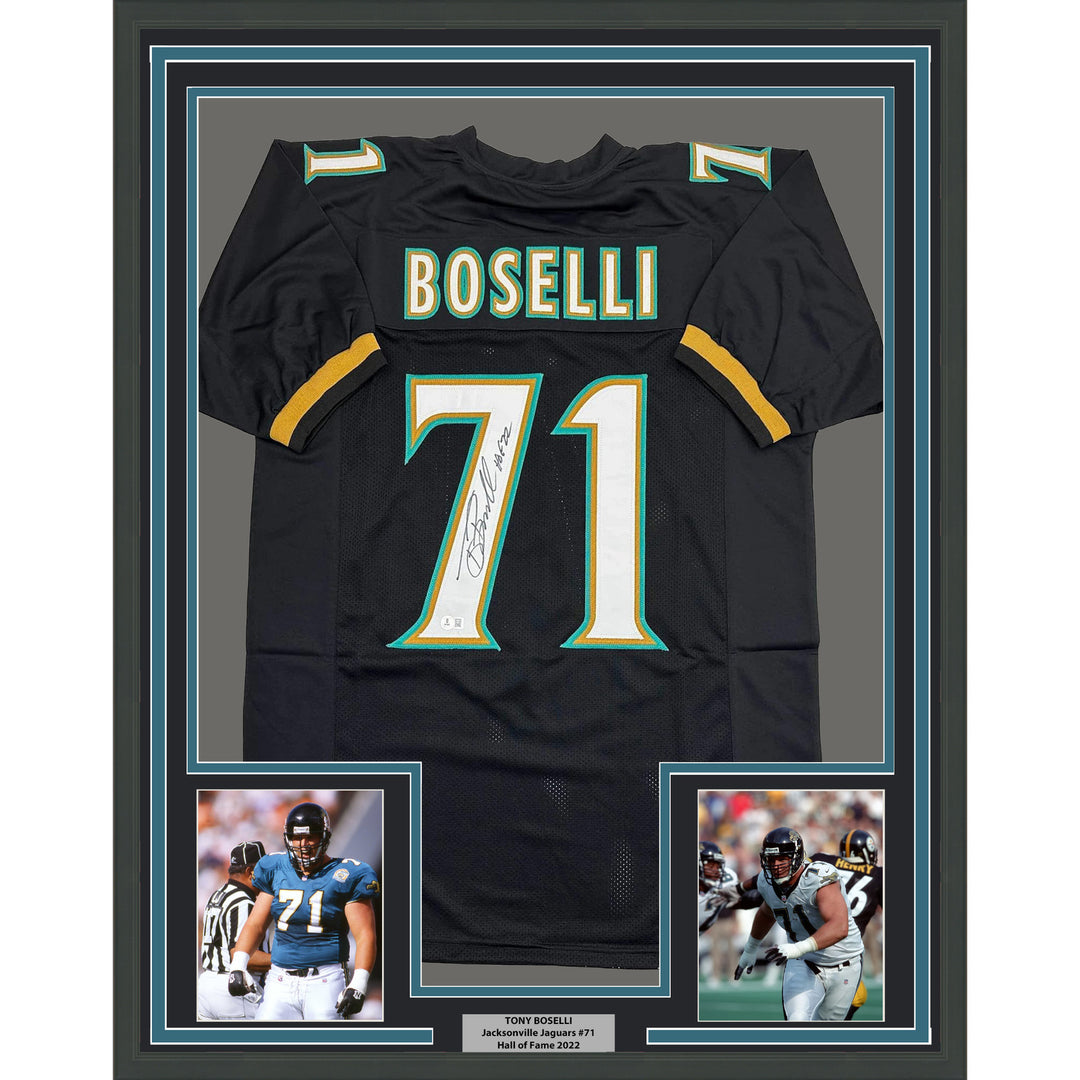 Framed Autographed/Signed Tony Boselli 35x39 HOF Jacksonville Jersey Beckett COA