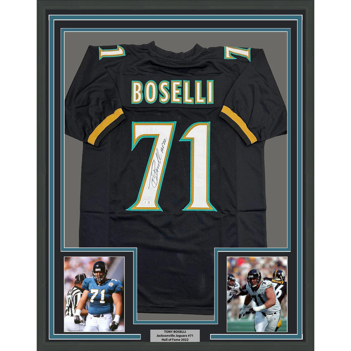 Framed Autographed/Signed Tony Boselli 35x39 HOF Jacksonville Jersey Beckett COA