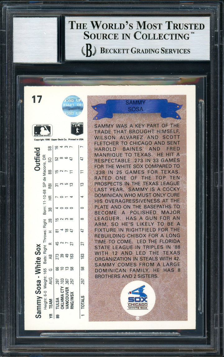 Sammy Sosa Signed 1990 Upper Deck RC #17 Chicago White Sox Auto Grade 10 Beckett