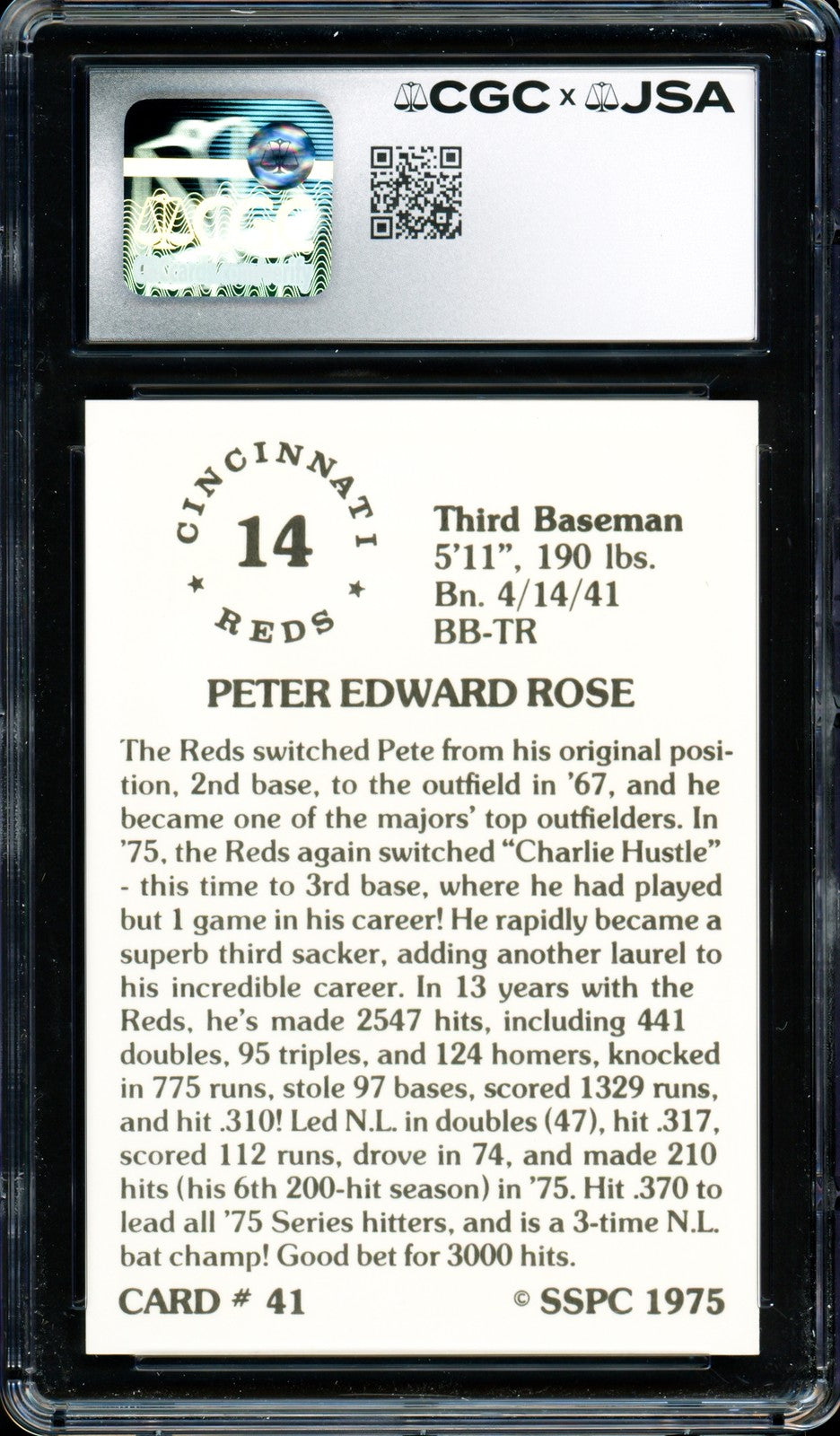 Pete Rose Signed 1976 SSPC Card 41 Reds Card 10 Auto GM 10 CGC x JSA