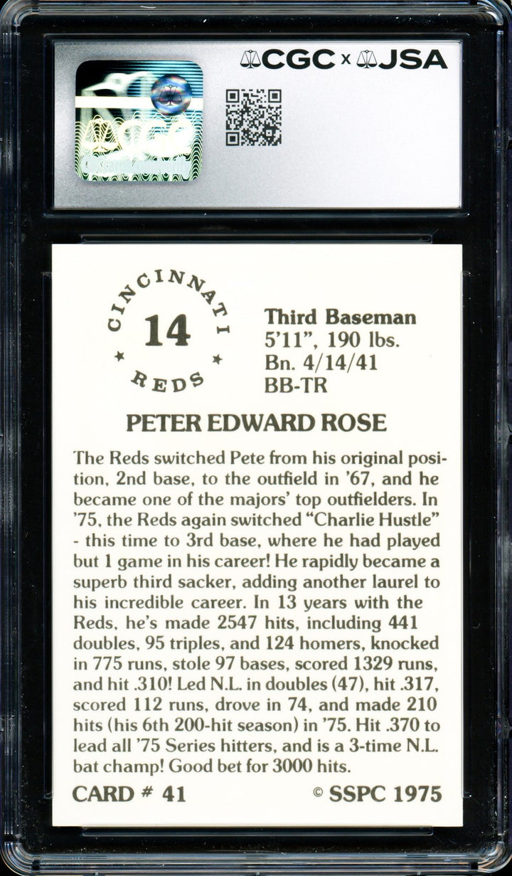 Pete Rose Signed 1976 SSPC Card 41 Reds Card 10 Auto GM 10 CGC x JSA