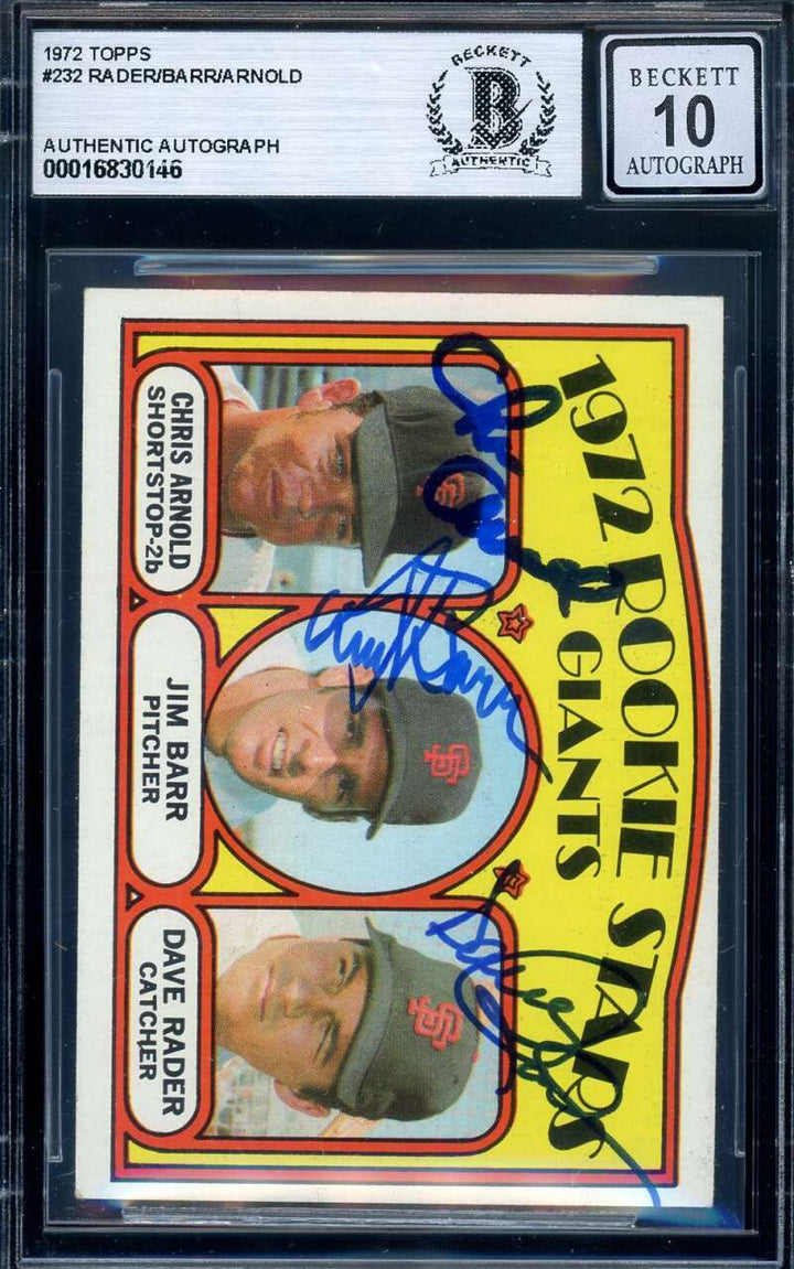 Rader Barr Arnold Gem Mint 10 Beckett BAS Signed 1972 Topps Rookie Stars Auto