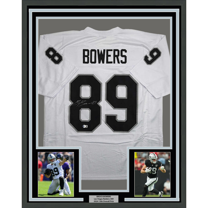 Framed Autographed/Signed Brock Bowers 35x39 Las Vegas White Jersey Beckett COA