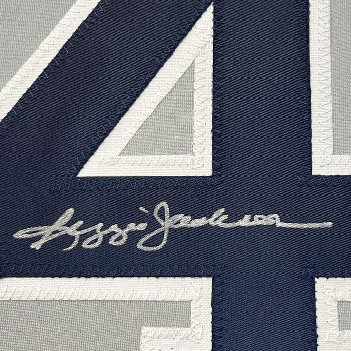 FRAMED Autographed/Signed REGGIE JACKSON 33x42 New York Grey Jersey JSA COA Auto