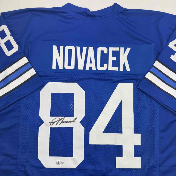 Autographed/Signed Jay Novacek Dallas Blue Football Jersey Beckett BAS COA