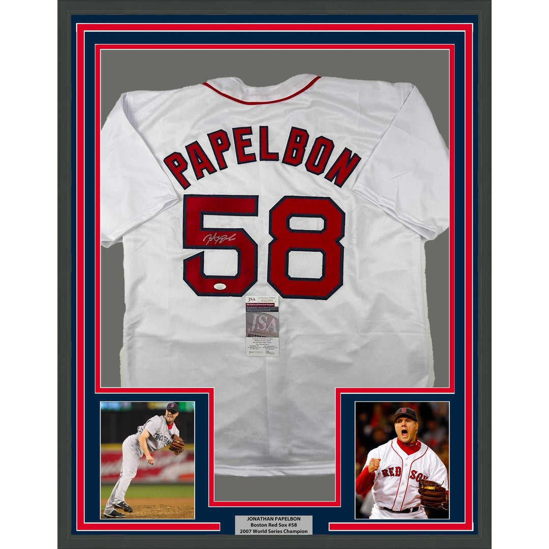 Framed Signed Jonathan Papelbon 33x22 Boston White Jersey JSA COA