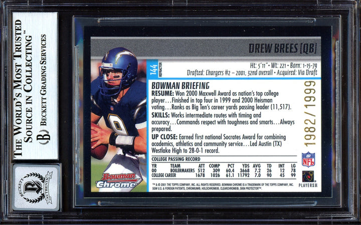 Drew Brees Signed 2001 Bowman Chrome Refractor RC 144 Sig 10 #1982/1999 Beckett