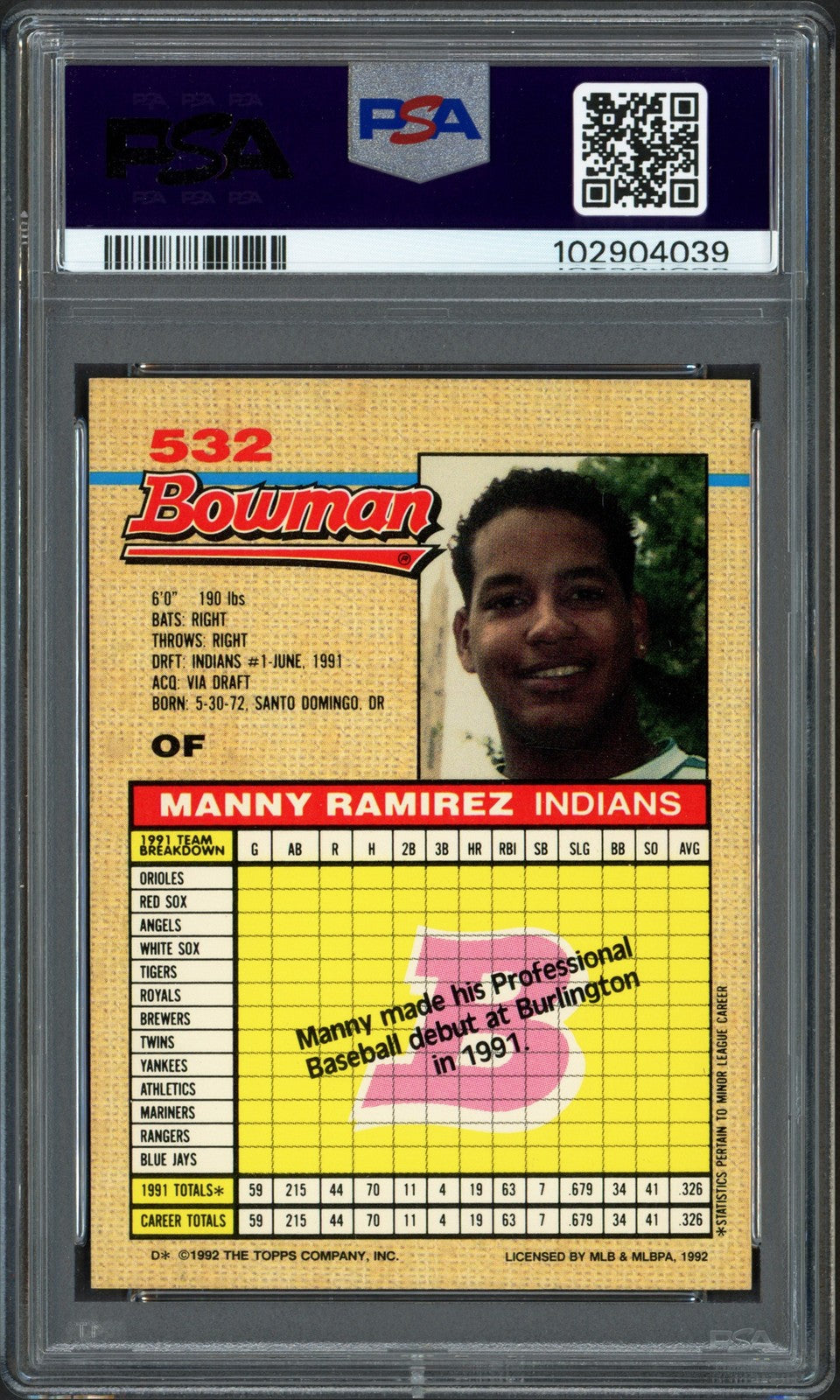 Manny Ramirez Auto 1992 Bowman RC 532 Cleveland Indians PSA 9 Auto GM 10 PSA/DNA