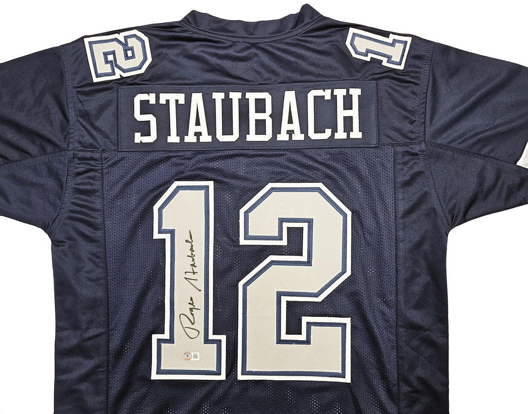 Dallas Cowboys Roger Staubach Signed Navy Blue Jersey Beckett Wit