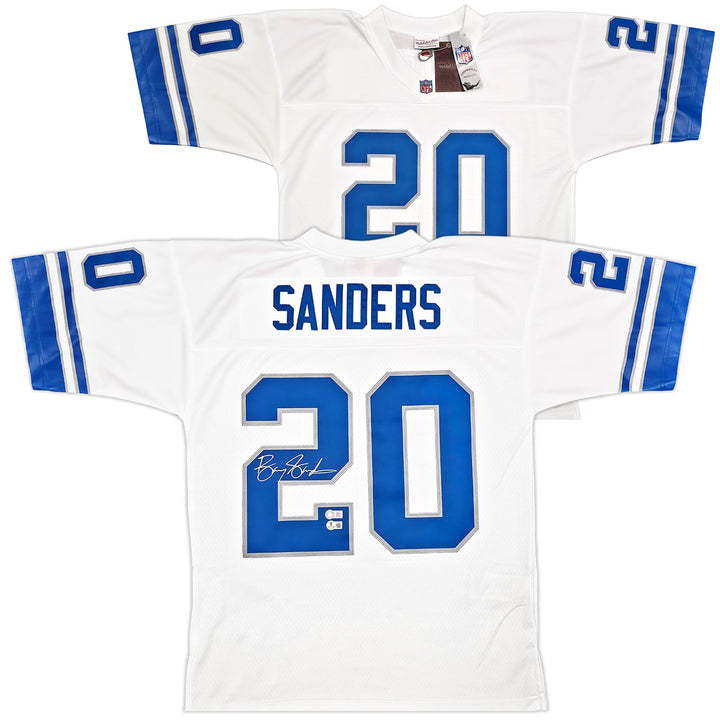 Lions Barry Sanders Auto White M&N 1996 NFL Legacy Throwback Jersey 48 Beckett