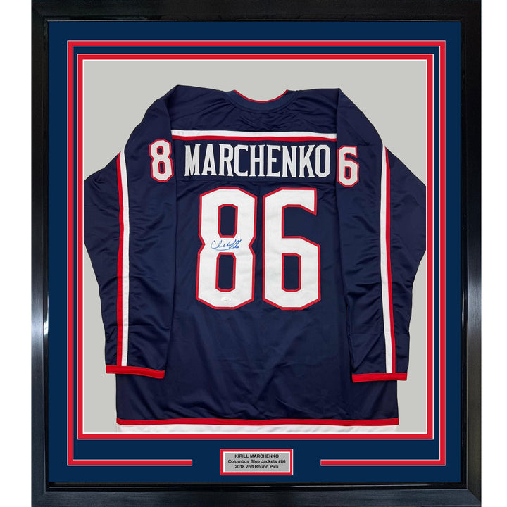 Framed Autographed/Signed Kirill Marchenko 35x39 Columbus Blue Jersey JSA COA