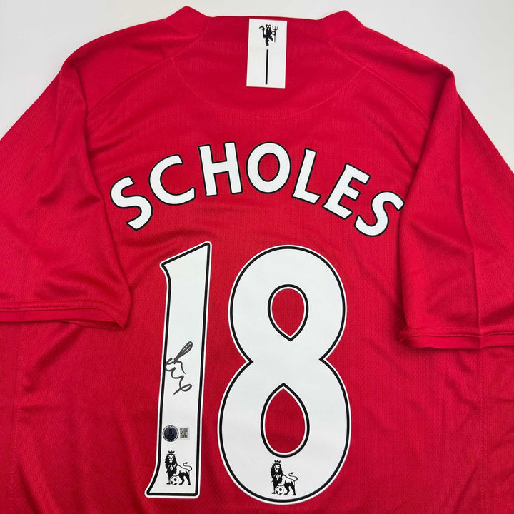 Autographed/Signed Paul Scholes Manchester United Red Jersey Beckett BAS COA