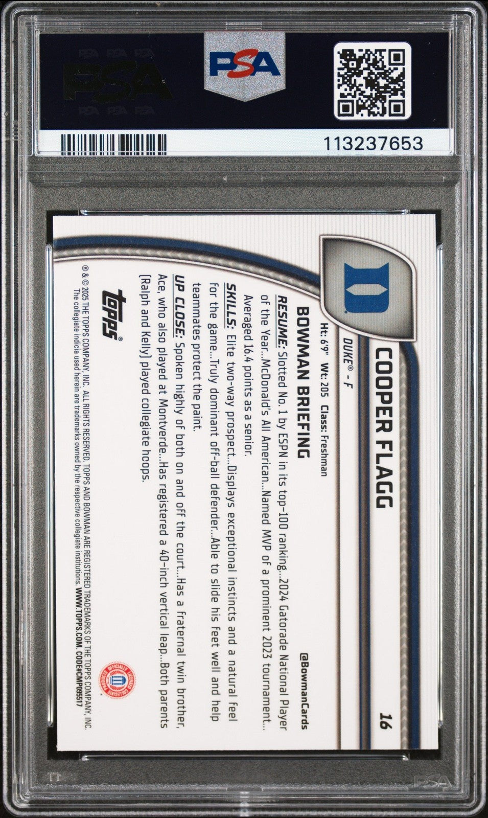 Graded 2024 Topps Bowman Chrome U Cooper Flagg #16 Rookie Card PSA 10