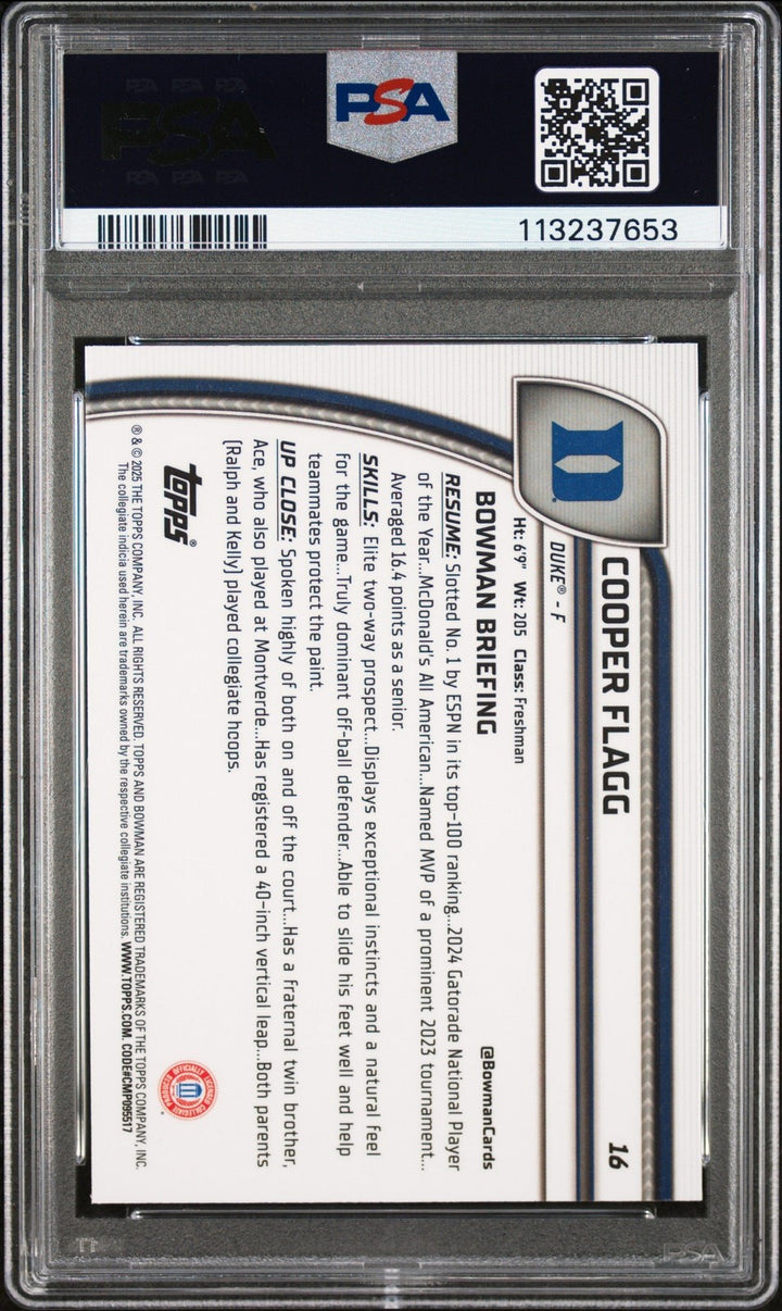 Graded 2024 Topps Bowman Chrome U Cooper Flagg #16 Rookie Card PSA 10