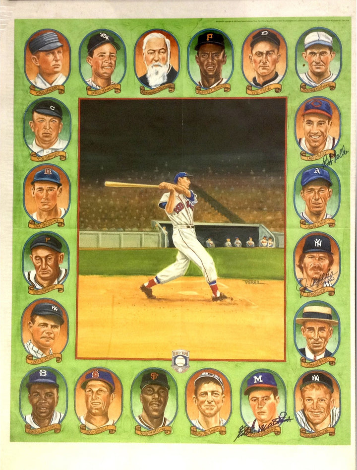 Catfish Hunter Bob Feller Ed Mathews Signed Dick Perez HOF Poster Auto CBM COA