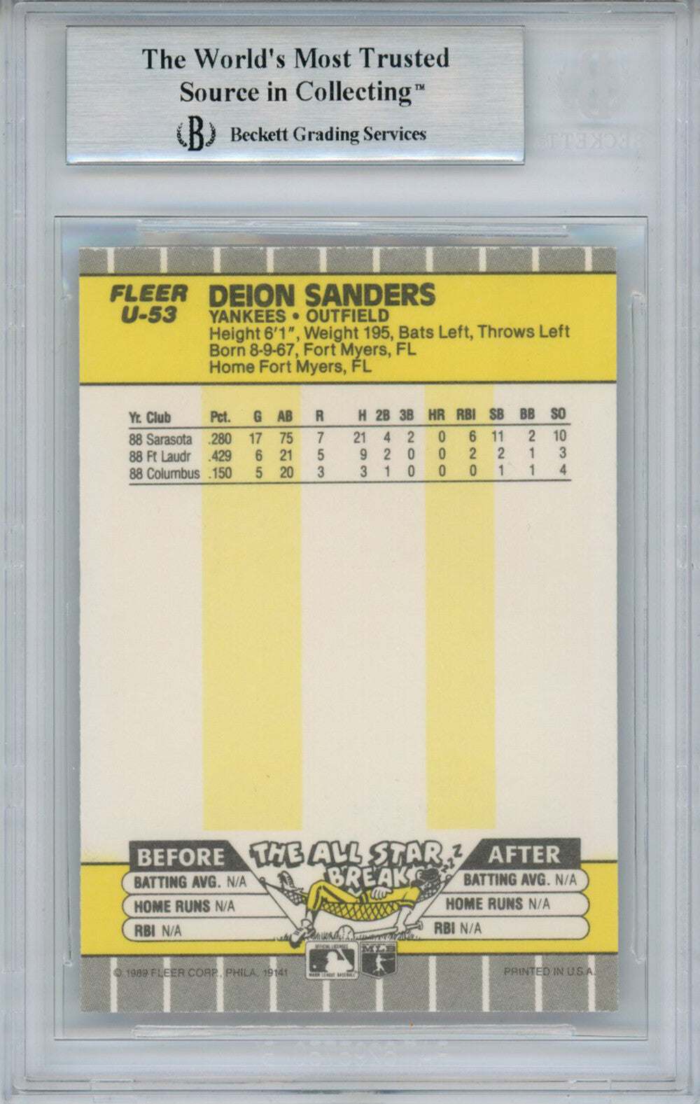 Deion Sanders Autographed/Signed 1989 Fleer Trading Card BAS Slab 32095