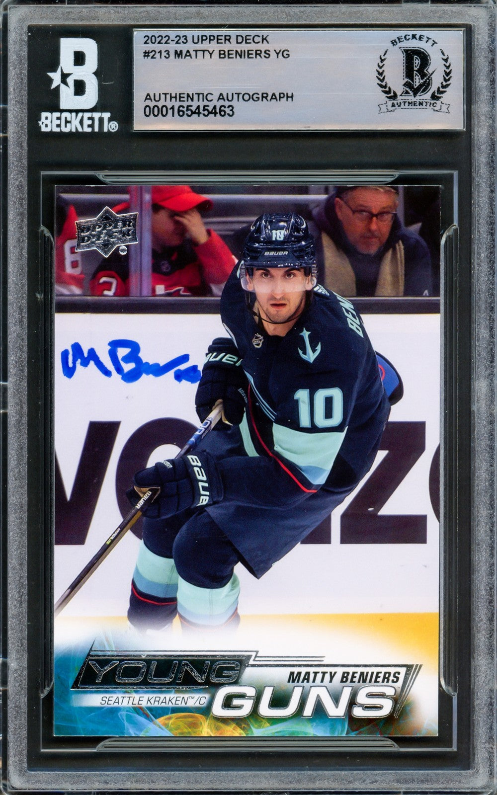 Matty Beniers Signed 2022 Upper Deck Young Guns RC 213 Seattle Kraken Beckett