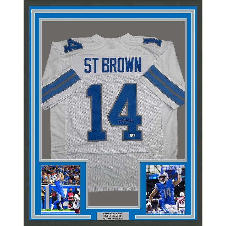 Framed Autographed/Signed Amon-Ra St. Brown 35x39 Detroit White Jersey COA
