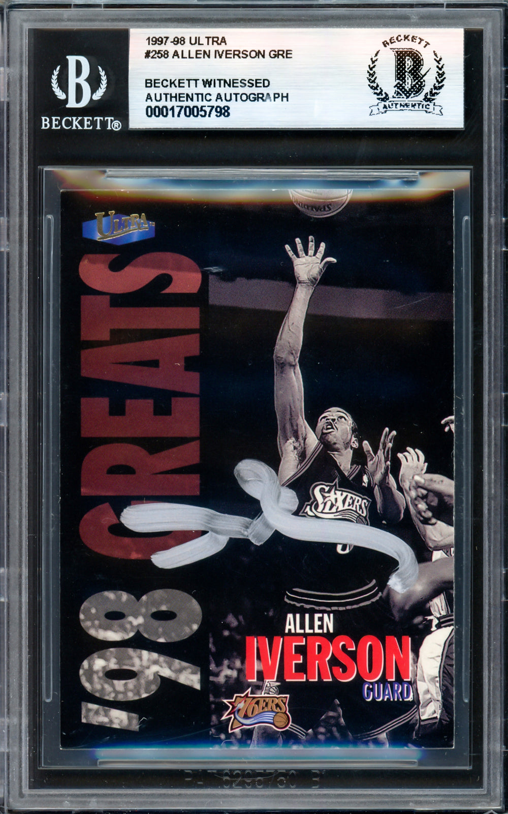 Allen Iverson Signed 1997-98 Fleer Ultra Card 258 76ers Beckett Wit #17005798