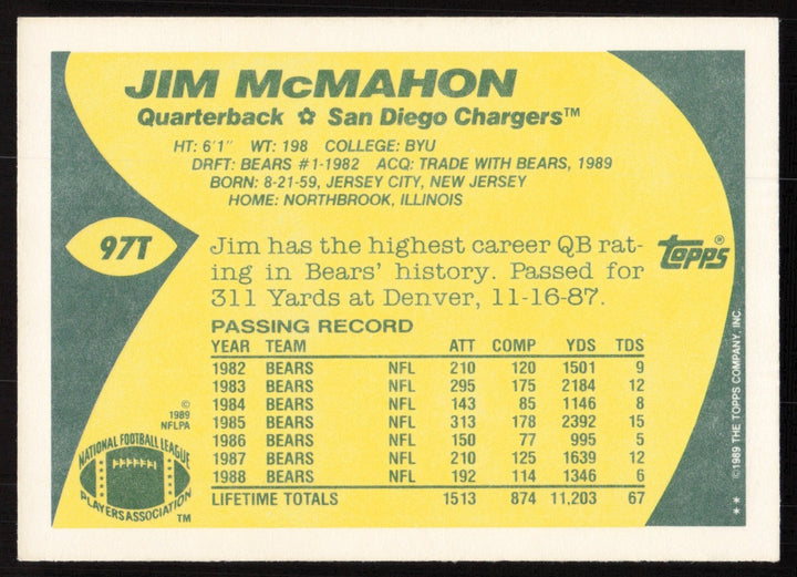 Jim McMahon Signed 1989 Topps Traded Card 97T San Diego Chargers