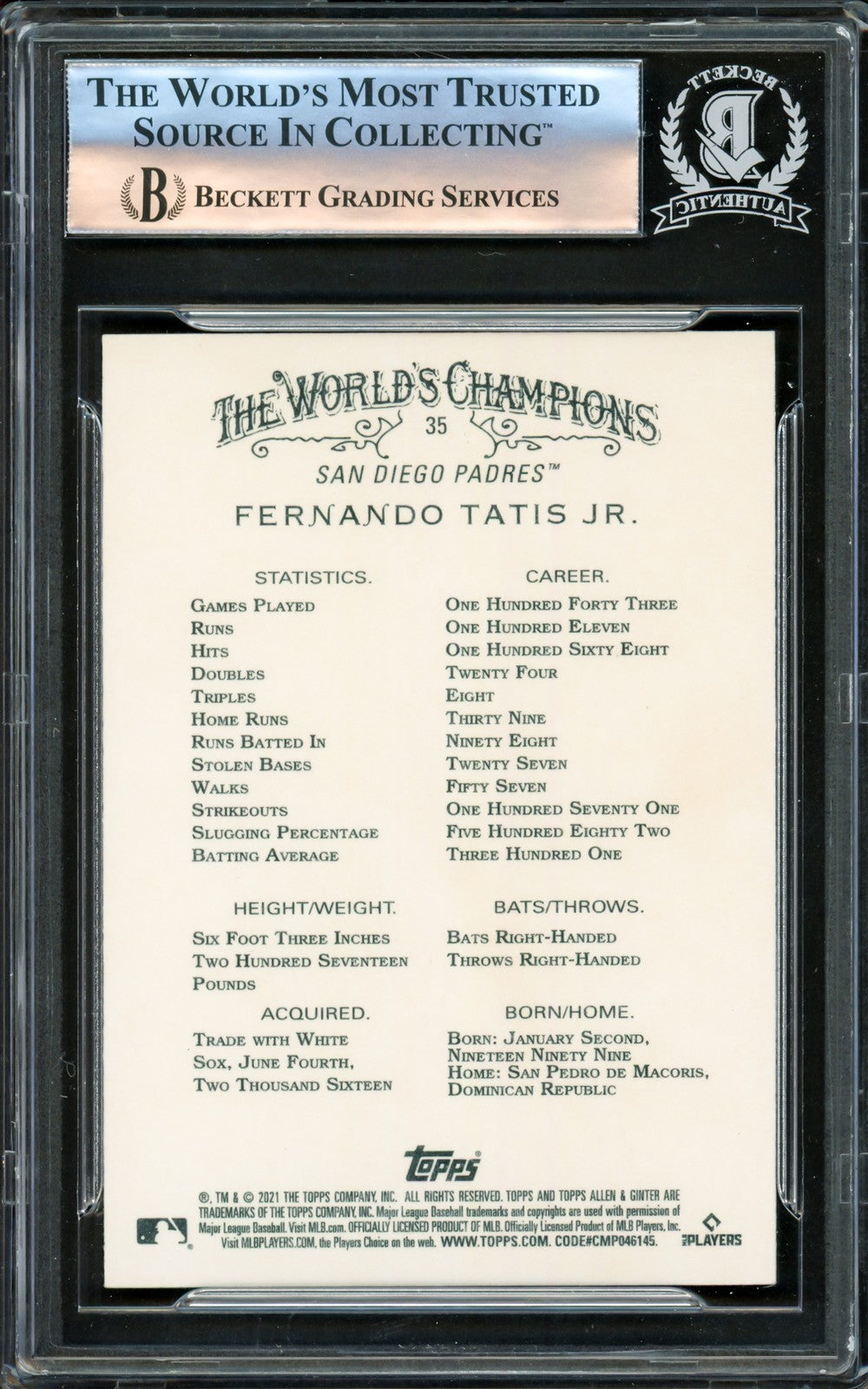 Fernando Tatis Jr. Signed 2021 Topps Allen & Ginter Card #35 San Diego Padres