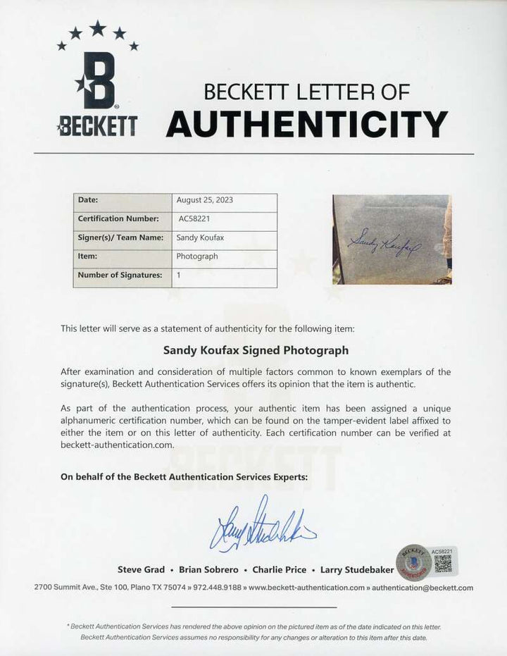 Sandy Koufax Beckett BAS Signed  Vintage 8x10 Photo Autograph 1