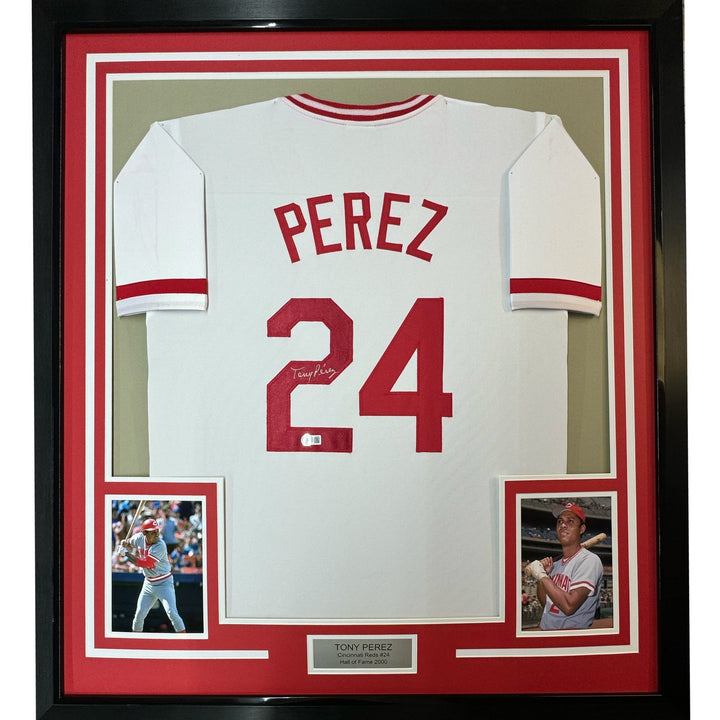 Framed Autographed/Signed Tony Perez 33x42 Cincinnati White Jersey BAS COA