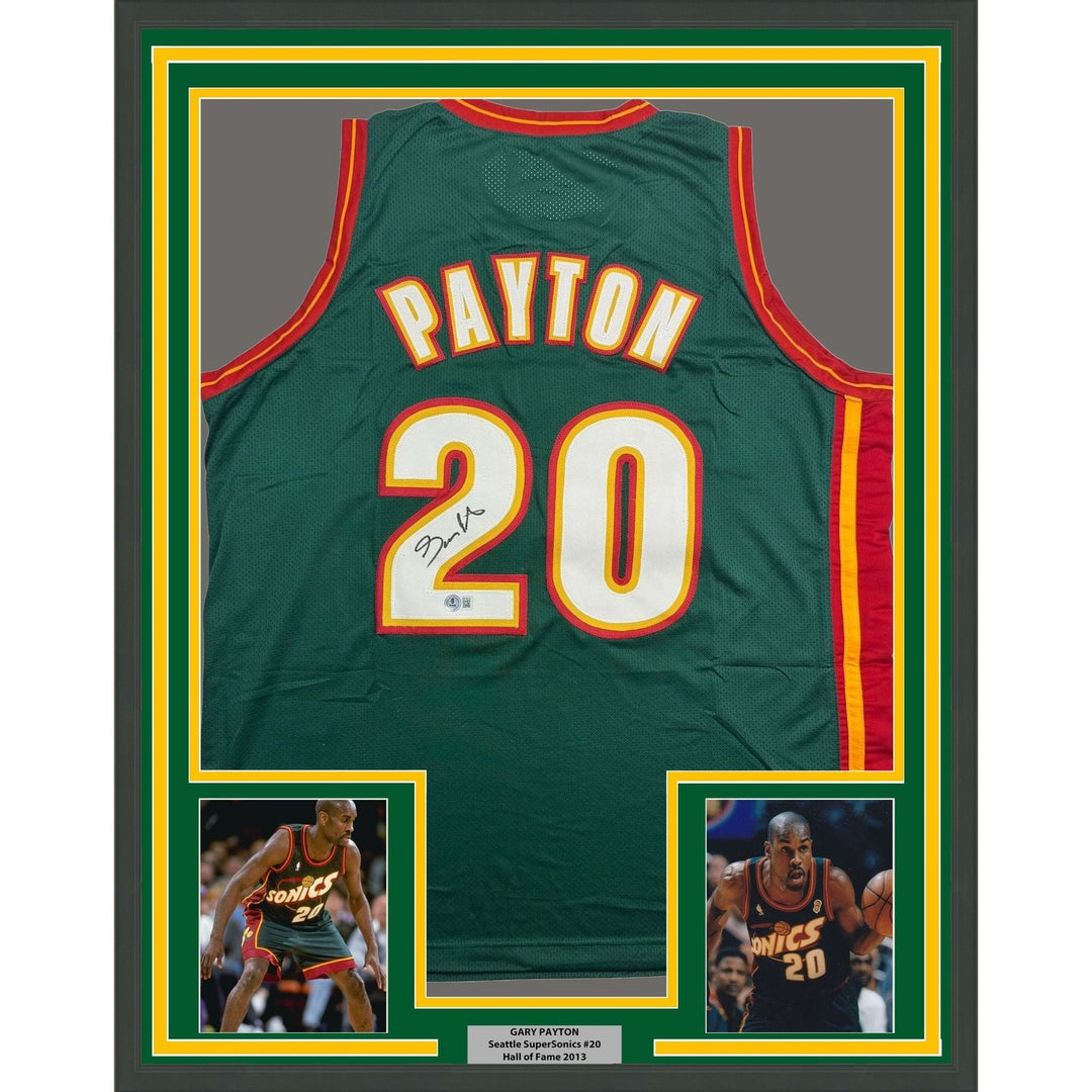 Framed Autographed/Signed Gary Payton 35x39 Seattle Green Jersey BAS COA