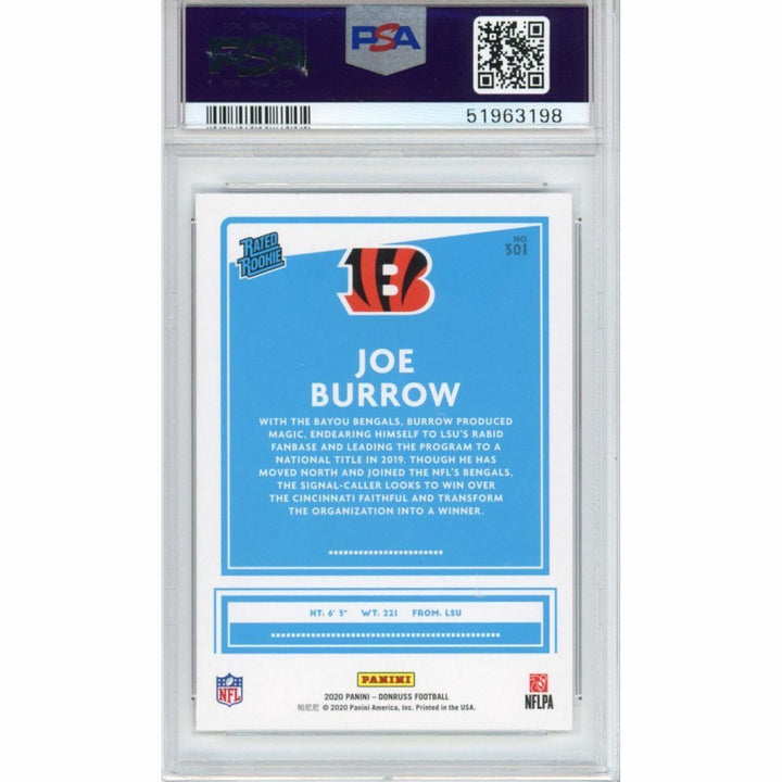 Graded 2020 Panini Donruss JOE BURROW #301 Rookie Football Card PSA 10 Gem Mint