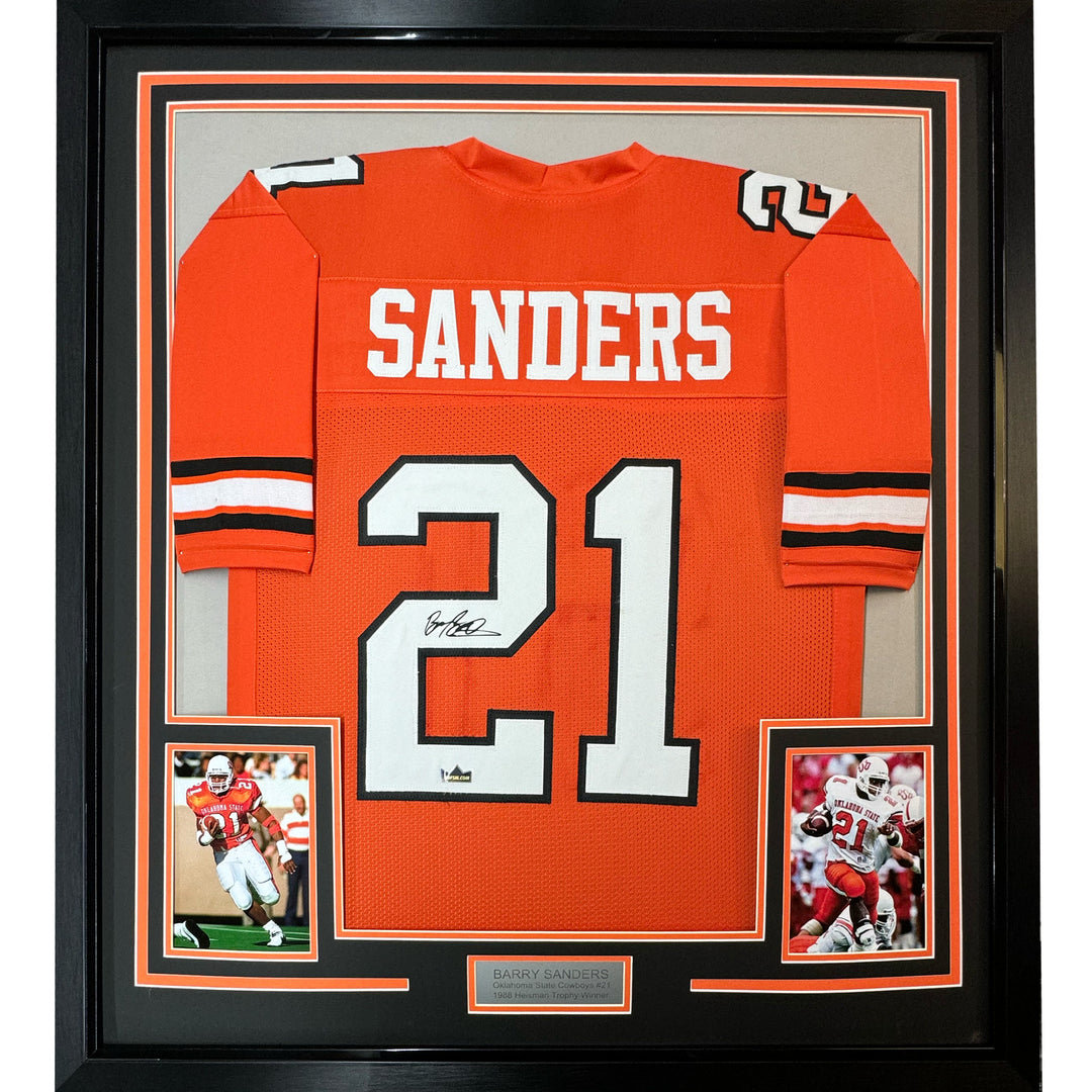 Framed Facsimile Autographed Barry Sanders 33x42 Orange Reprint Laser Jersey