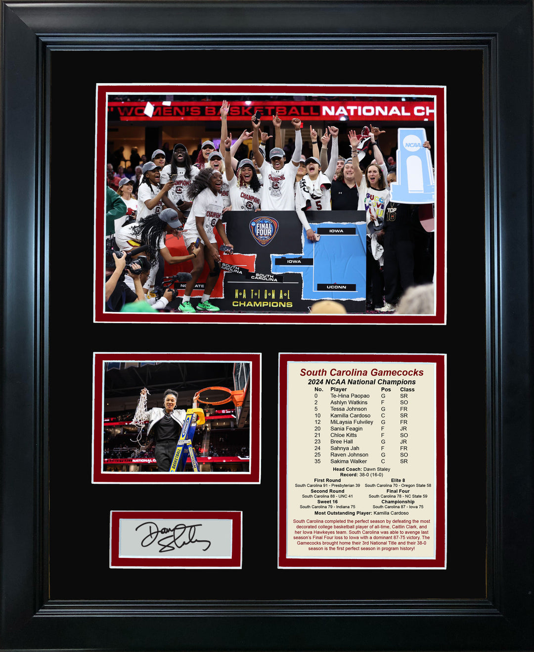 Framed South Carolina Gamecocks 2024 Champs Dawn Staley Facsimile 11"x14" Photo